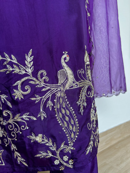 Royal Purple Silk Suit Set with Peacock Embroidery