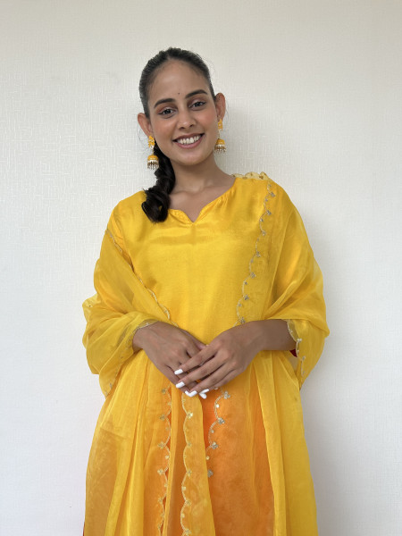Ombre Yellow-Orange Zardozi Silk Suit Set