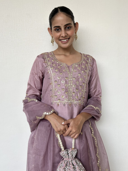 Mauve Silk Kurta and Palazzo Set with Gota Patti Embroidery