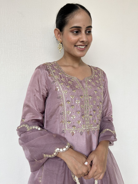 Mauve Silk Kurta and Palazzo Set with Gota Patti Embroidery
