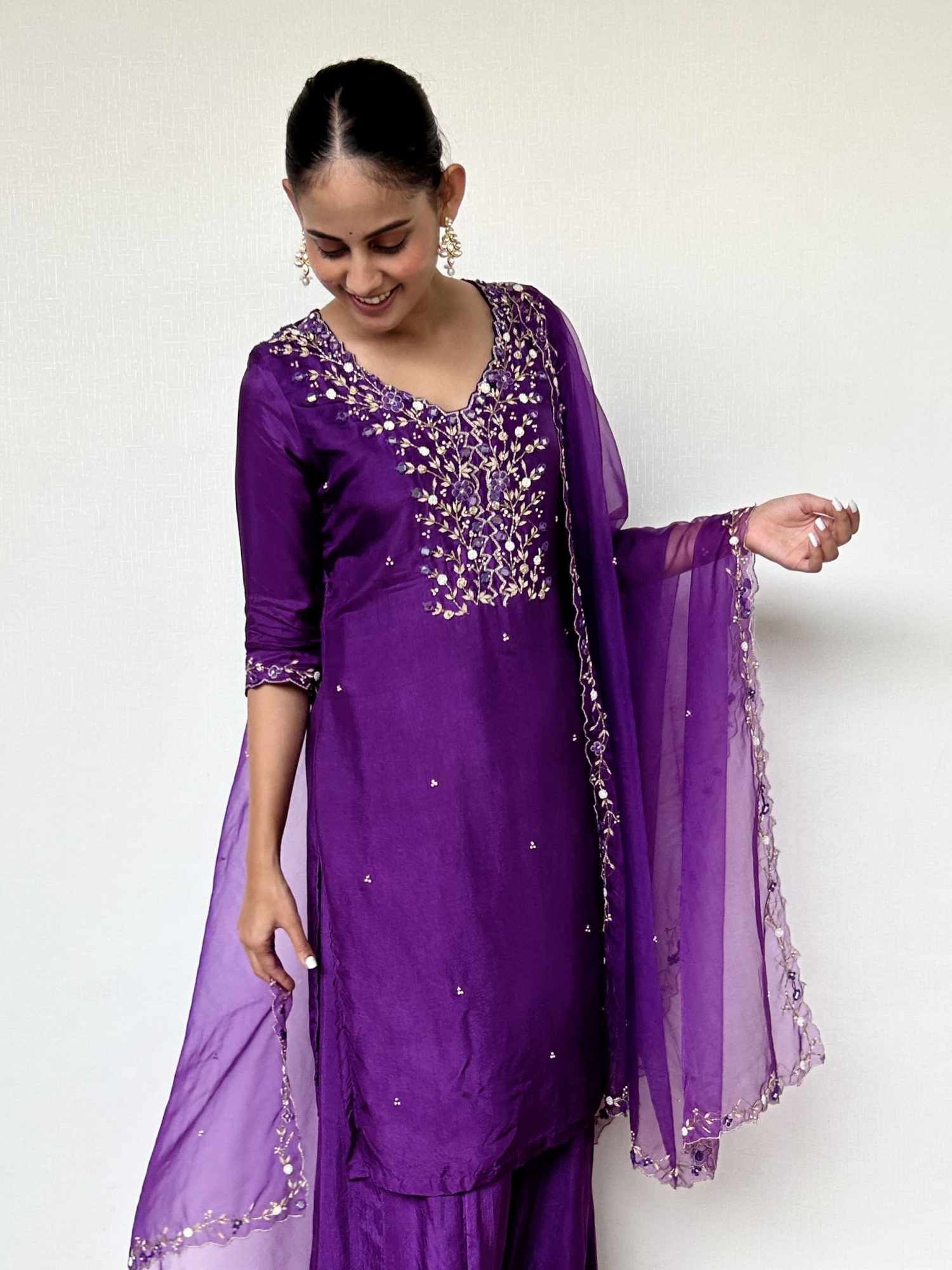 Royal Purple Silk Suit Set with Intricate Handwork