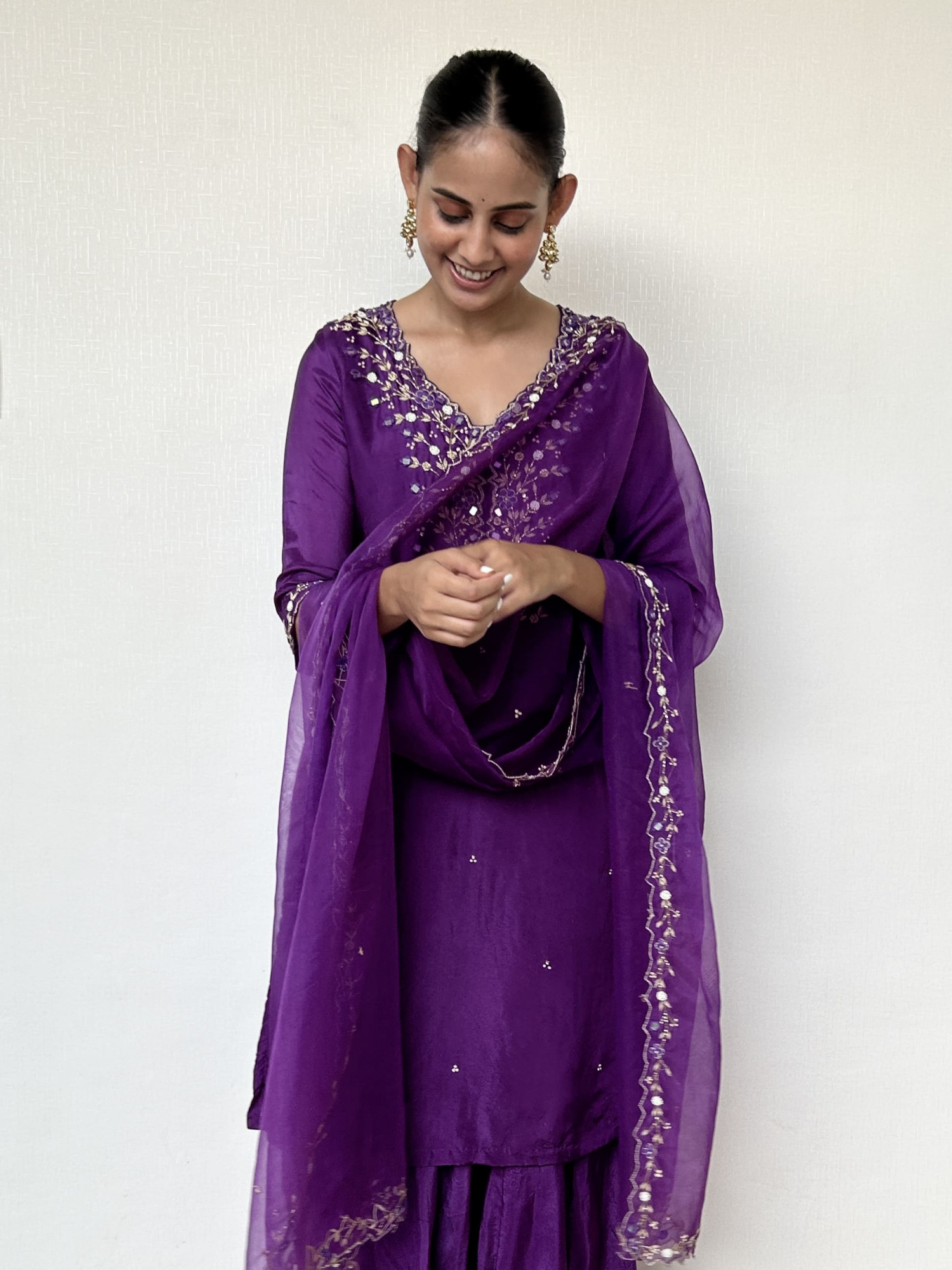 Royal Purple Silk Suit Set with Intricate Handwork