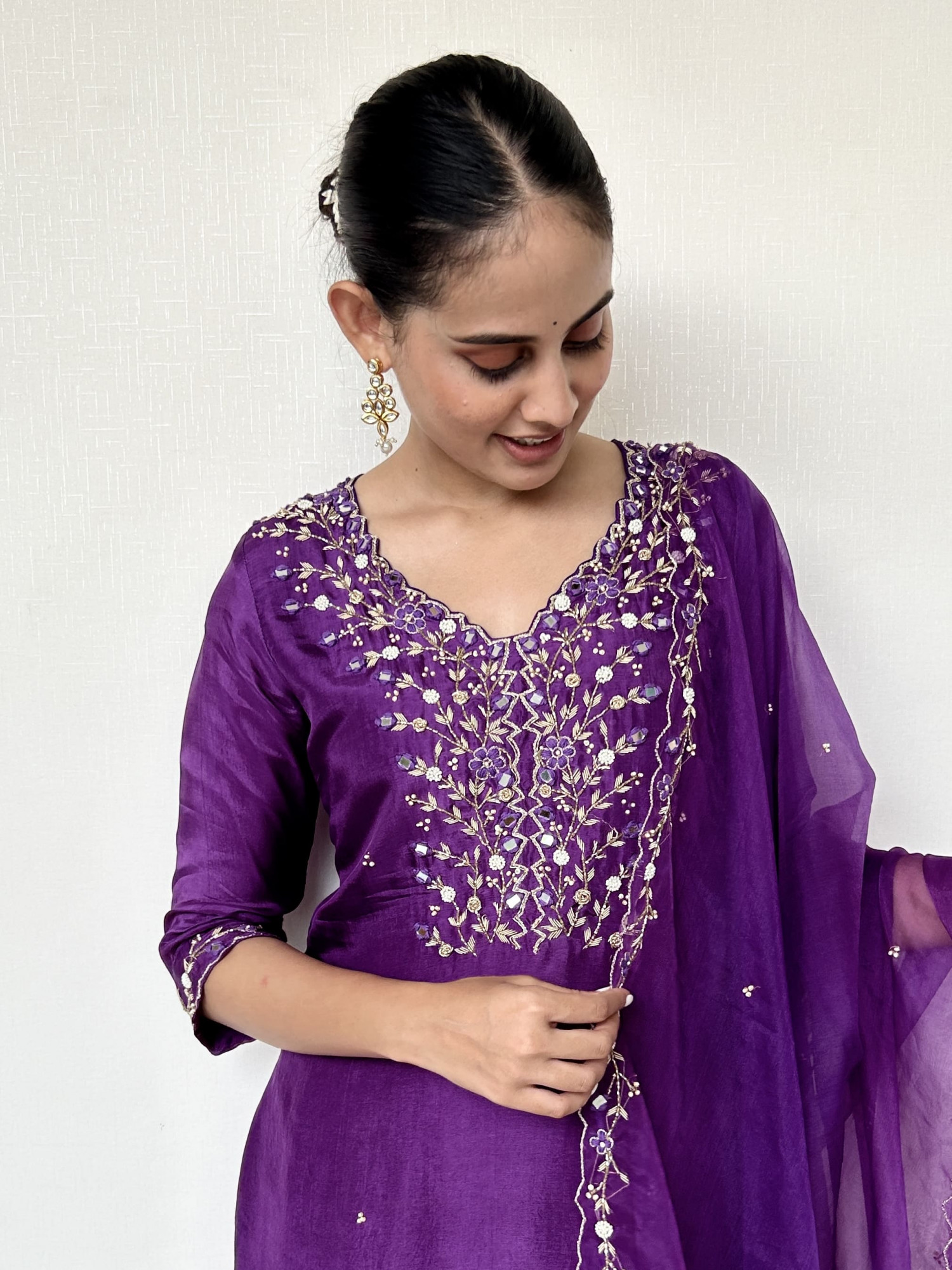 Royal Purple Silk Suit Set with Intricate Handwork