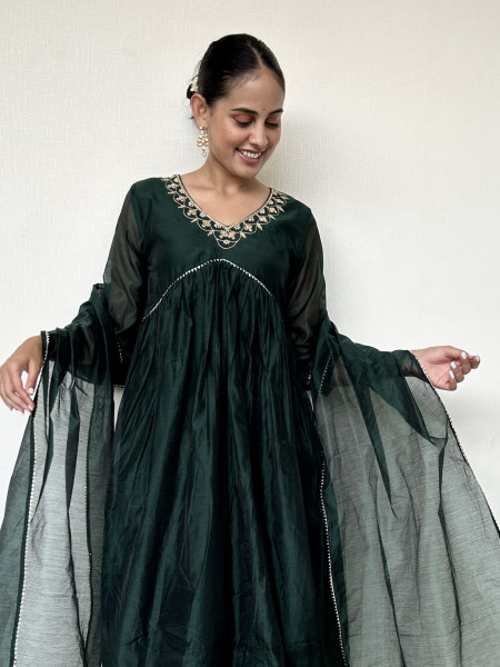 Bottle Green Chanderi Suit Set with Gota Patti Embroidery