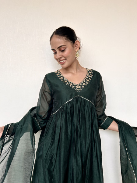 Bottle Green Chanderi Suit Set with Gota Patti Embroidery