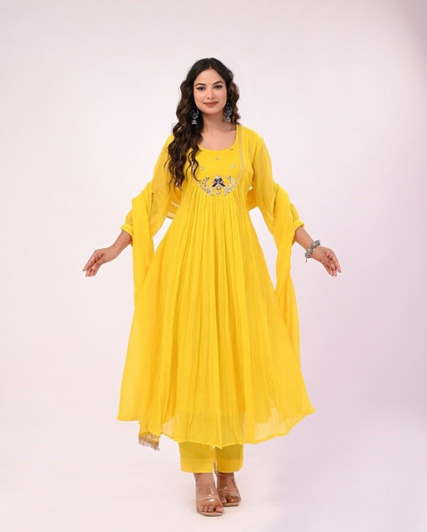 YELLOW HANDWORK MULCHANDERI SUIT SET