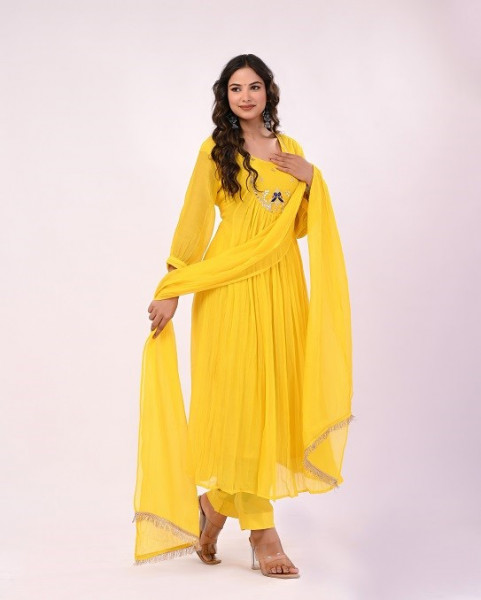 YELLOW HANDWORK MULCHANDERI SUIT SET