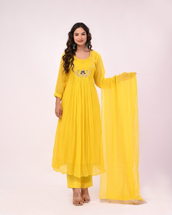 YELLOW HANDWORK MULCHANDERI SUIT SET