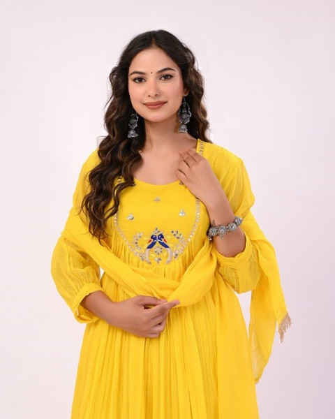 YELLOW HANDWORK MULCHANDERI SUIT SET
