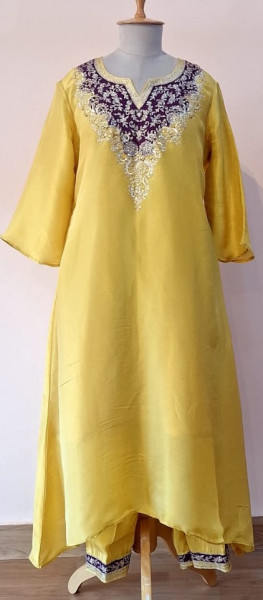 LIGHT YELLOW PURPLE PATCH HANDWORK INDO WESTERN SET