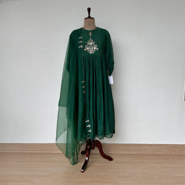 Bottle Green Mul Chanderi Kurta Set