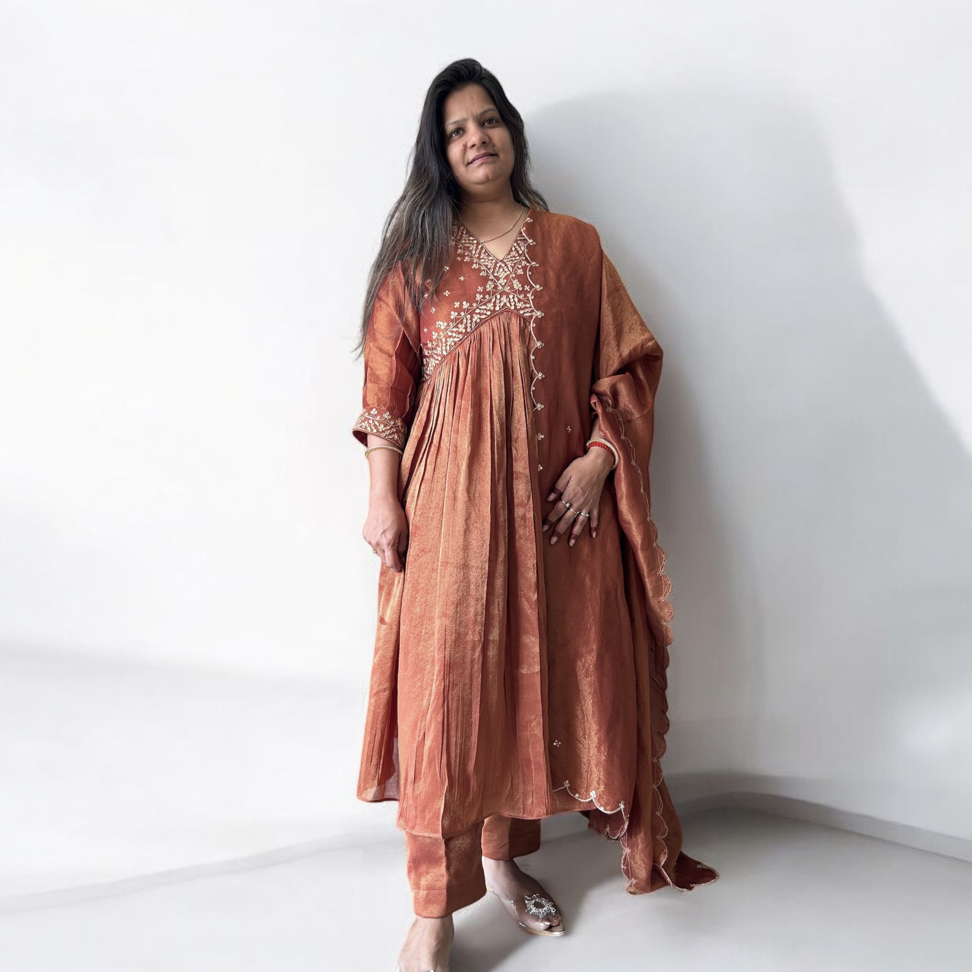 Brown Tissue Hand Embroidered Alia Cut Suit