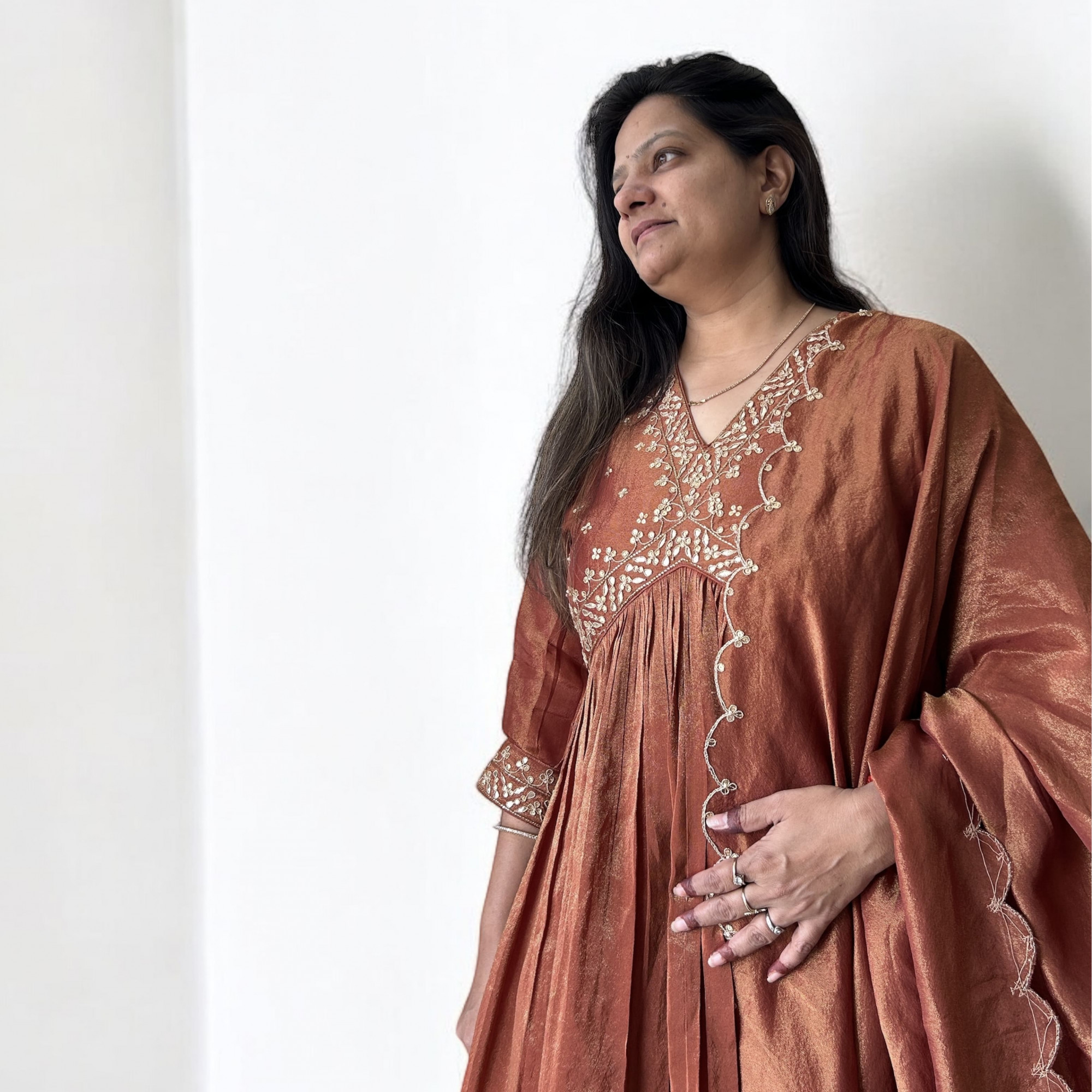 Brown Tissue Hand Embroidered Alia Cut Suit