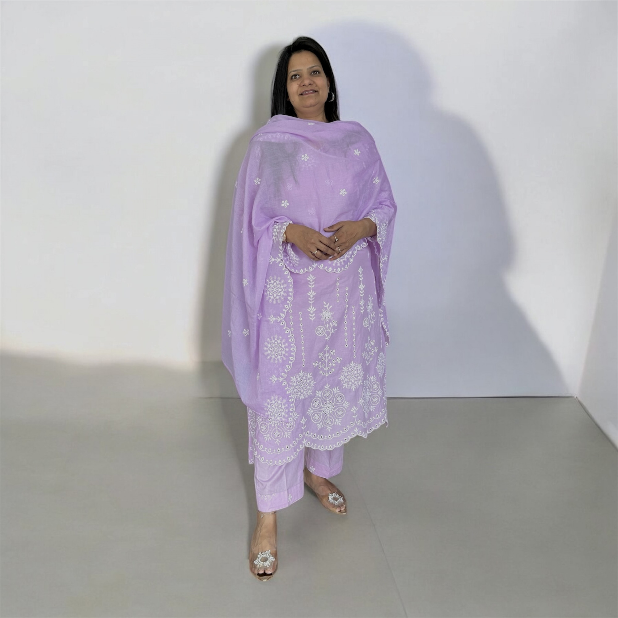 Lavender Pure Cotton Schiffli Suit Set