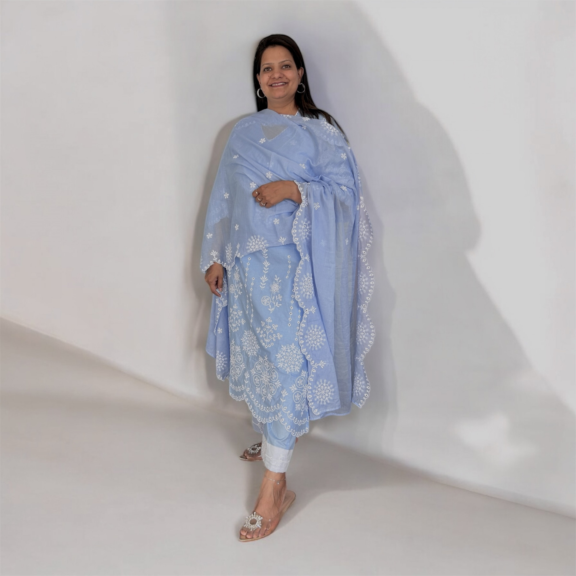 Ice Blue Pure Cotton Schiffli Suit Set