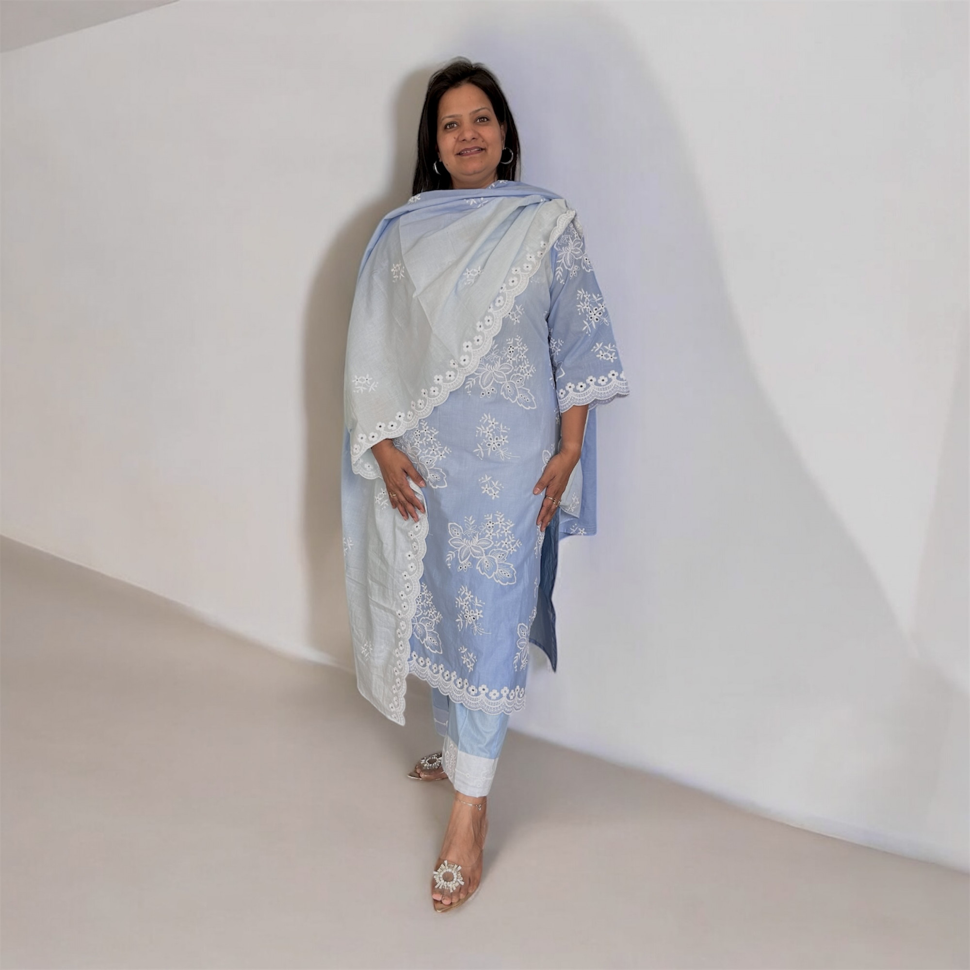 Blue Ombre Pure Cotton Schiffli Suit Set