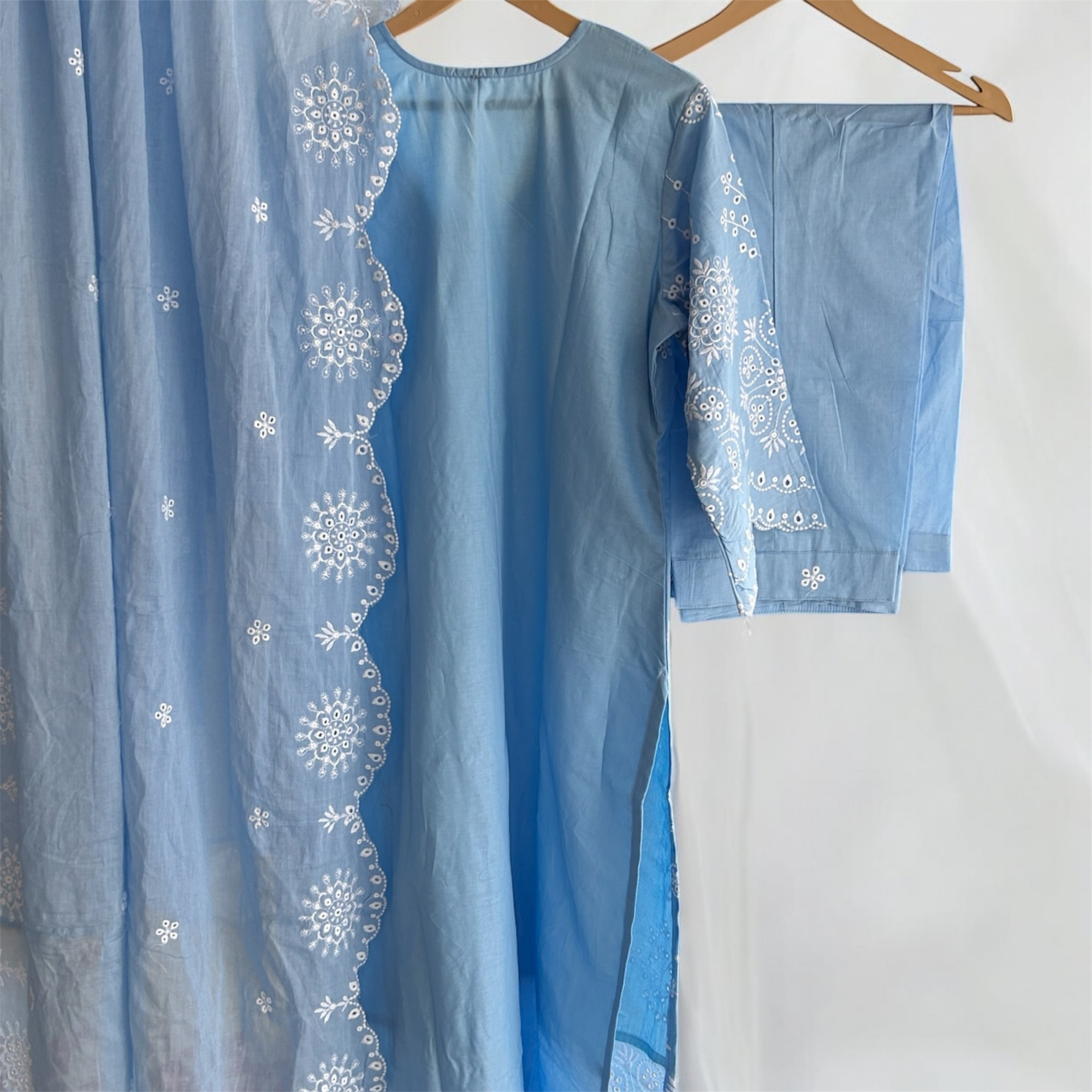 Ice Blue Pure Cotton Schiffli Suit Set