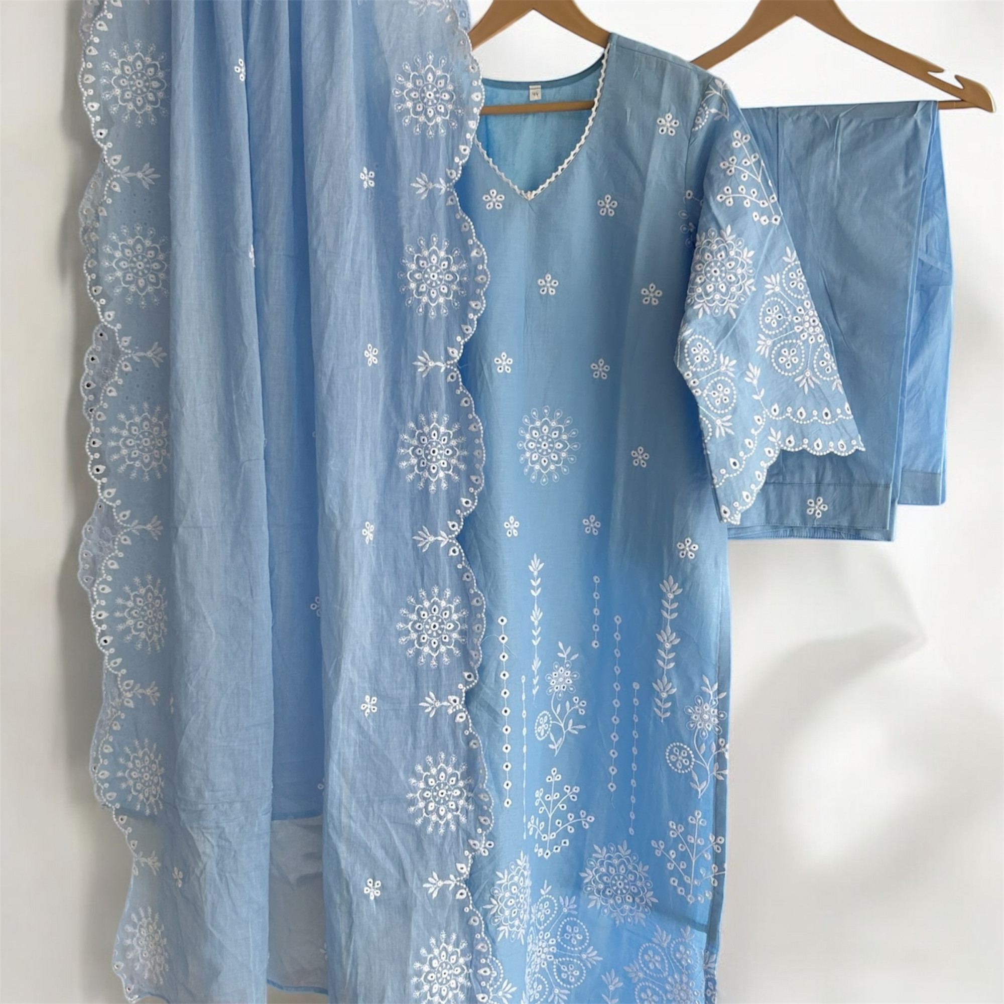 Ice Blue Pure Cotton Schiffli Suit Set