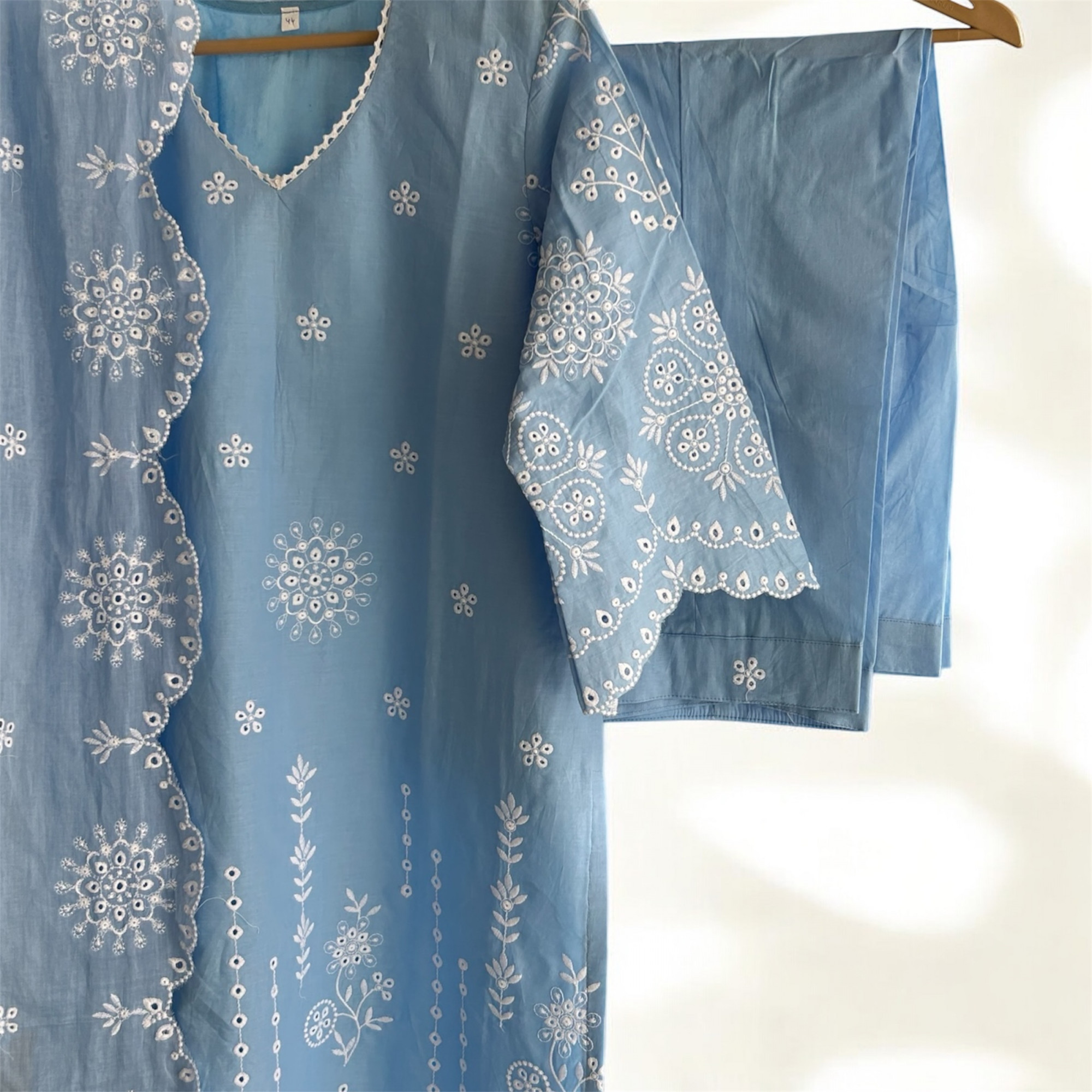 Ice Blue Pure Cotton Schiffli Suit Set