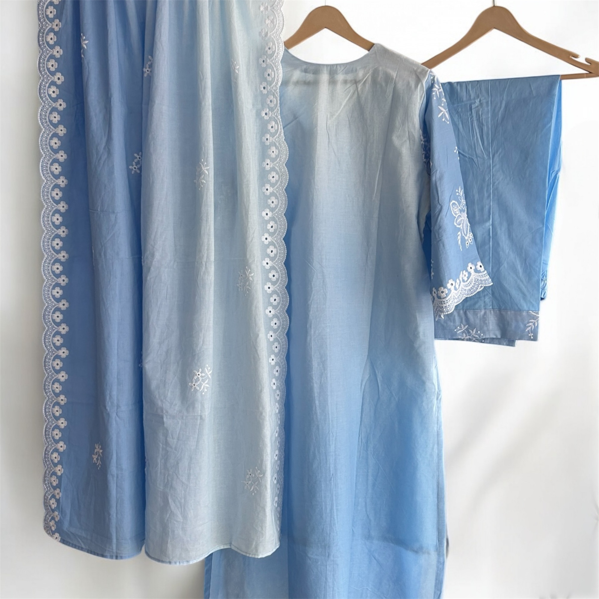 Blue Ombre Pure Cotton Schiffli Suit Set