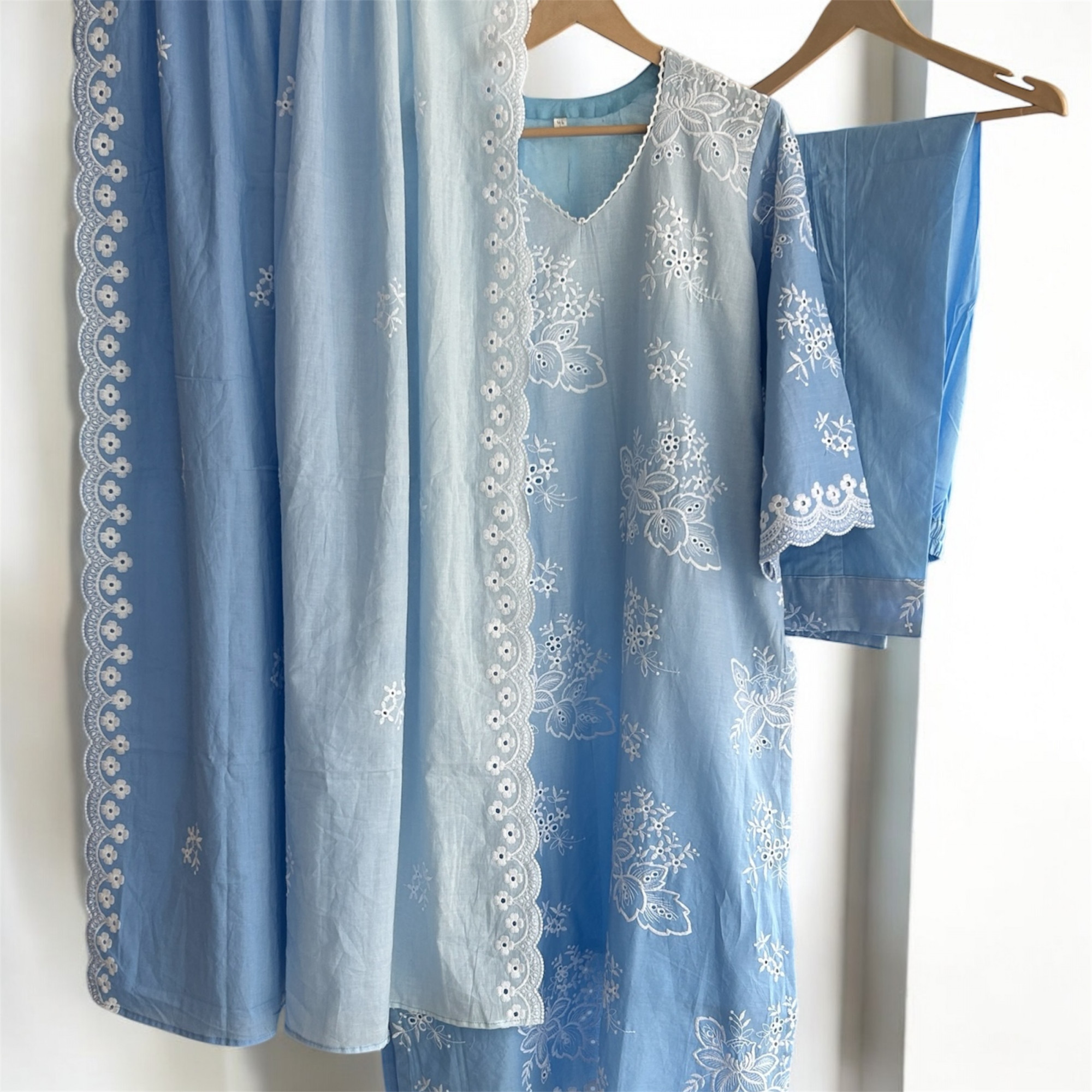 Blue Ombre Pure Cotton Schiffli Suit Set