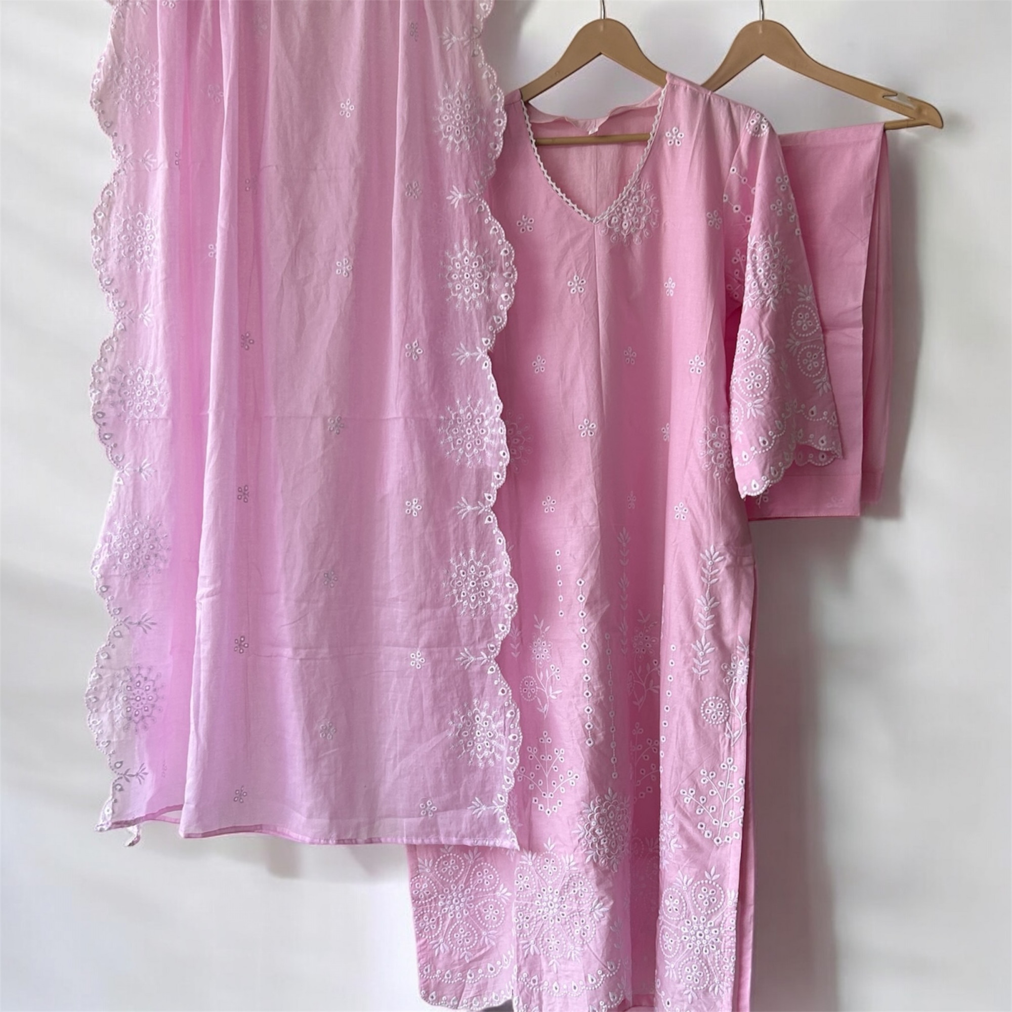 Pink Pure Cotton Schiffli Suit Set