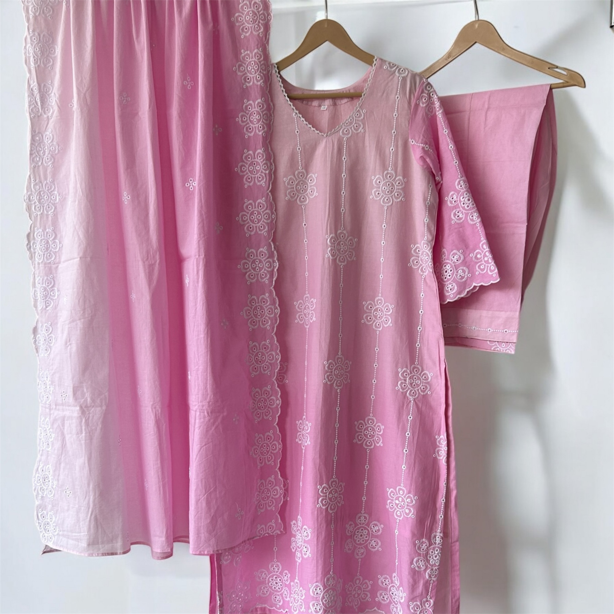 Pink Ombre Pure Cotton Schiffli Suit Set