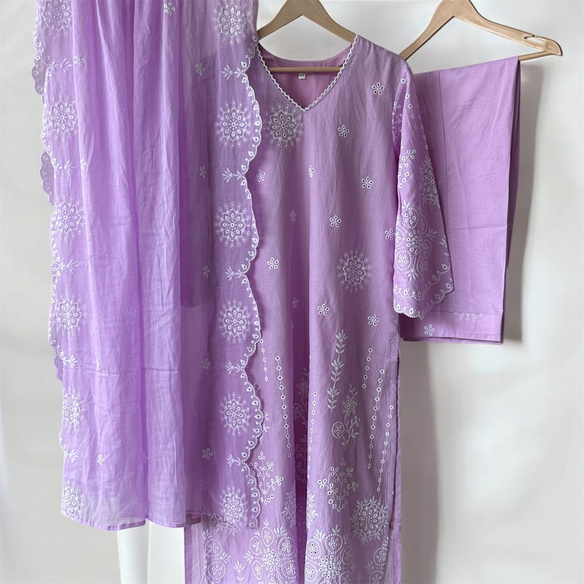 Lavender Pure Cotton Schiffli Suit Set