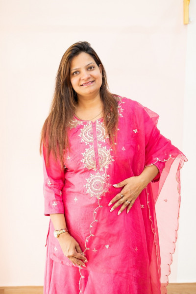 PINK HANDWORK  SHORT KURTI,PLAZO AND ORGANZA DUPTTA