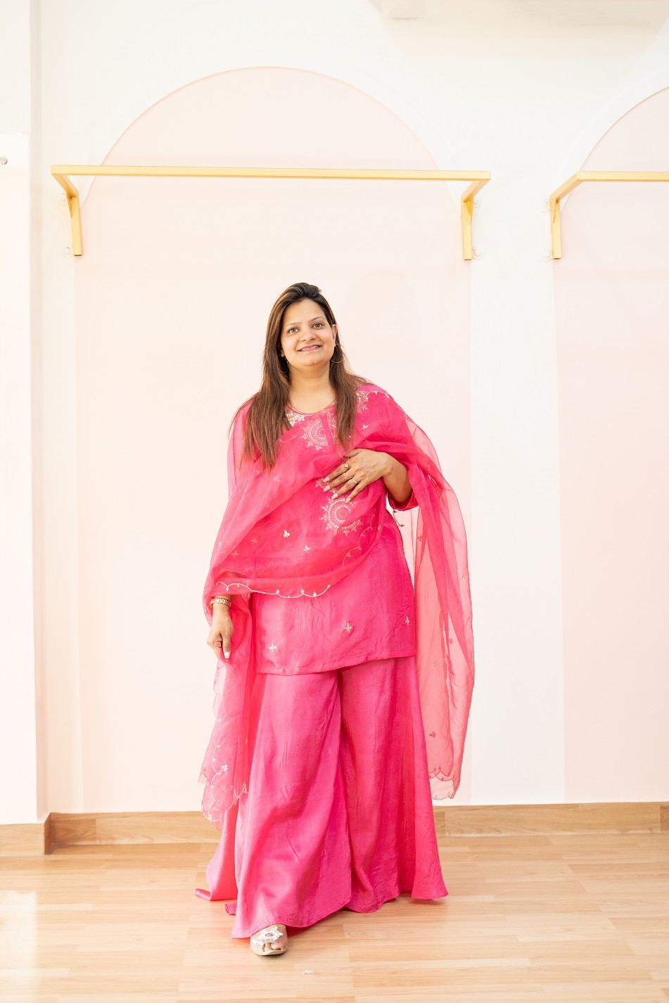 PINK HANDWORK  SHORT KURTIPLAZO AND ORGANZA DUPTTA