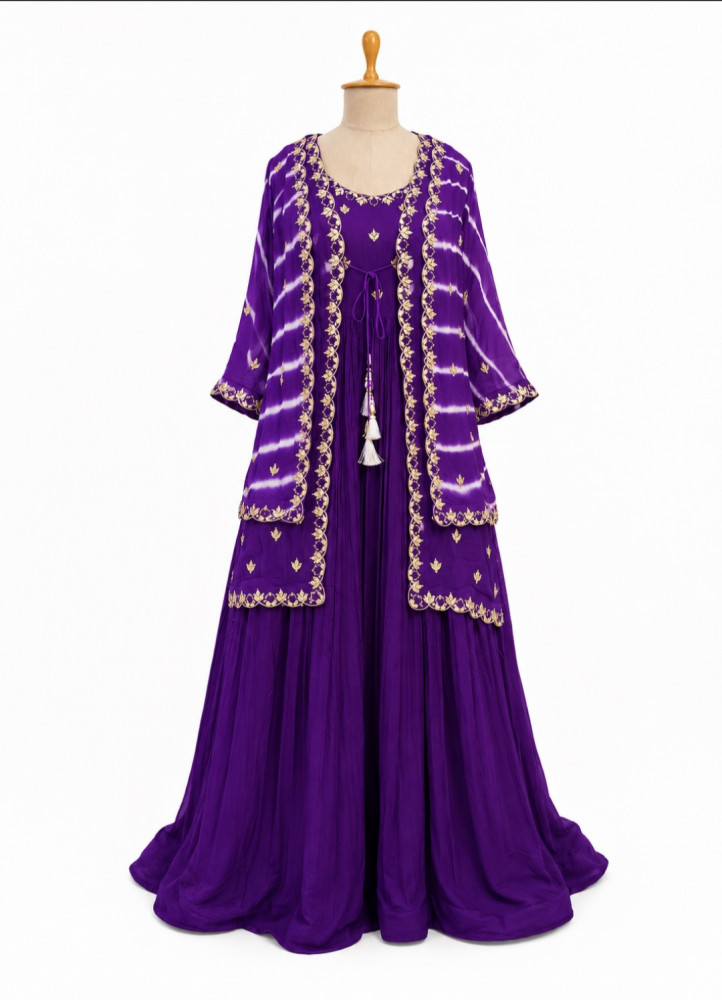 Image of PURPLE LEHRIYA HANDWORK ONE PIECE  SET