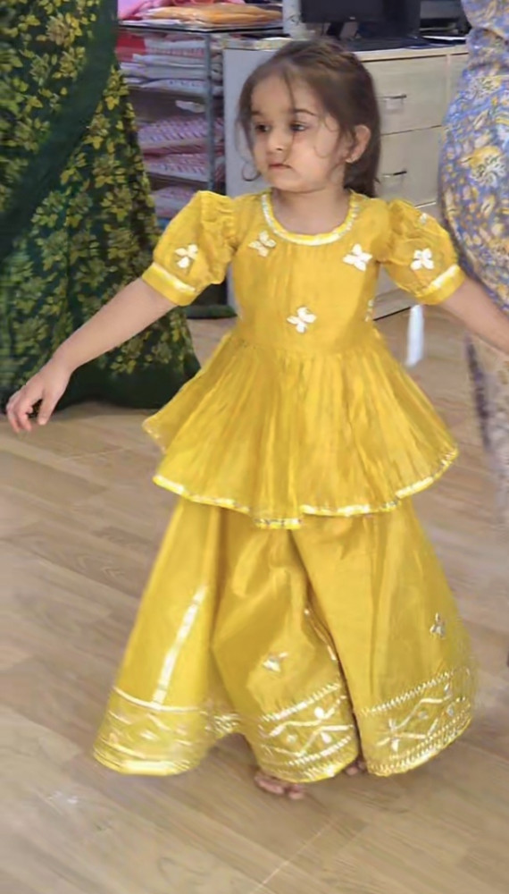Image of MUSTARD YELLOW KACCHA GOTA HANDWORK PEPLUM SET