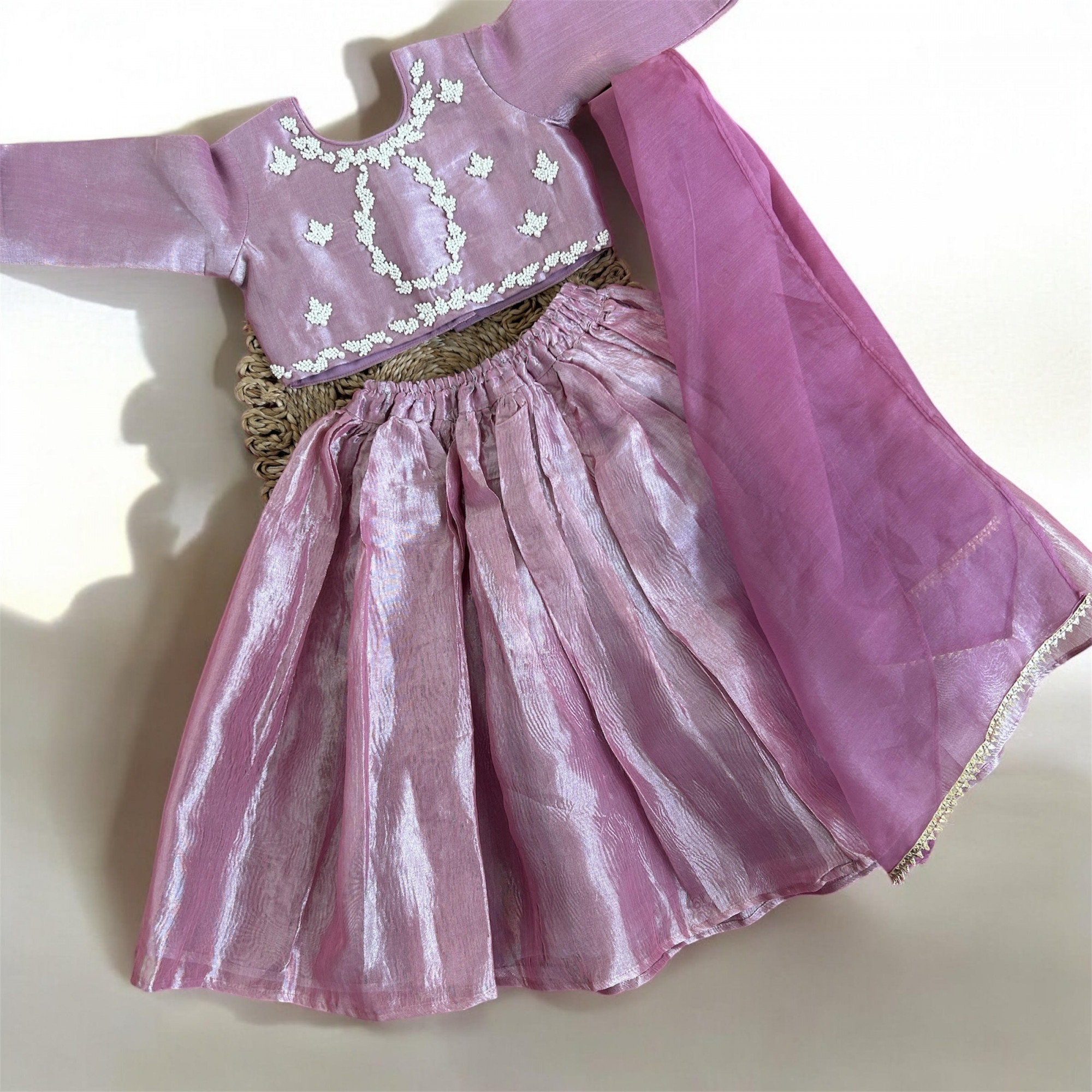 Mauve Tissue Crop Top  Flared Skirt Set