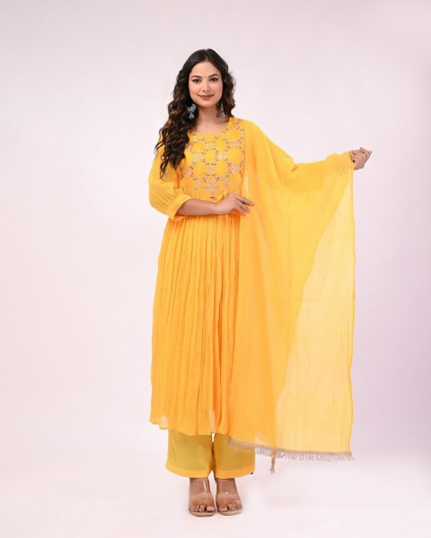 YELLOW MULCHANDERI HANDWORK SUIT SET