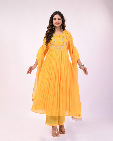 YELLOW MULCHANDERI HANDWORK SUIT SET