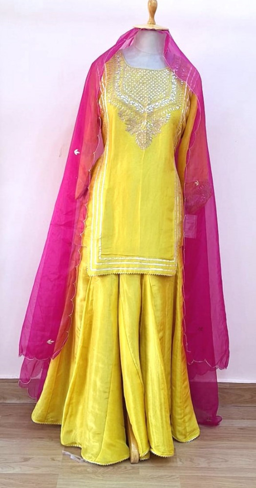 Image of YELLOW TISSUE HANDWORK SHORT KURTI WITH FLARED PALAZZO WITH RANI ORGANZA DUPATTA SET
