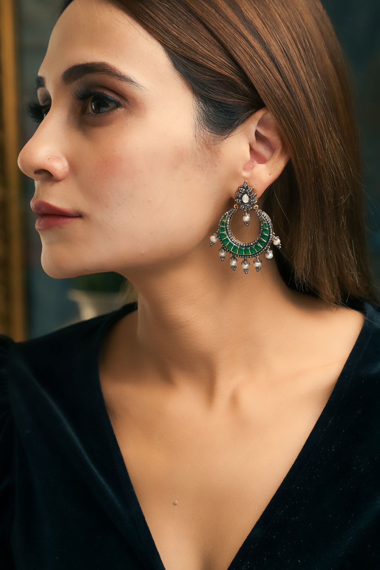 Chaand Bali Emerald Polki Earrings