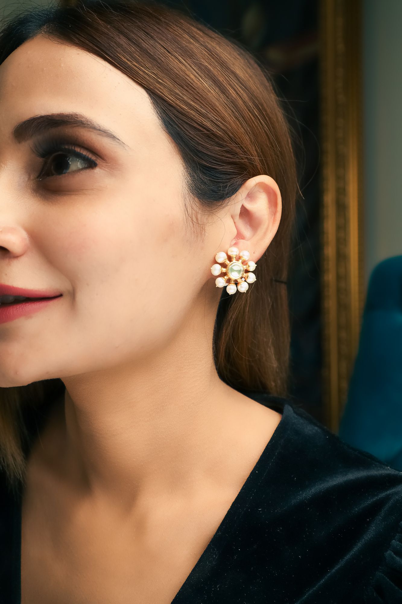 Polki Pearl Floral Gold Earrings