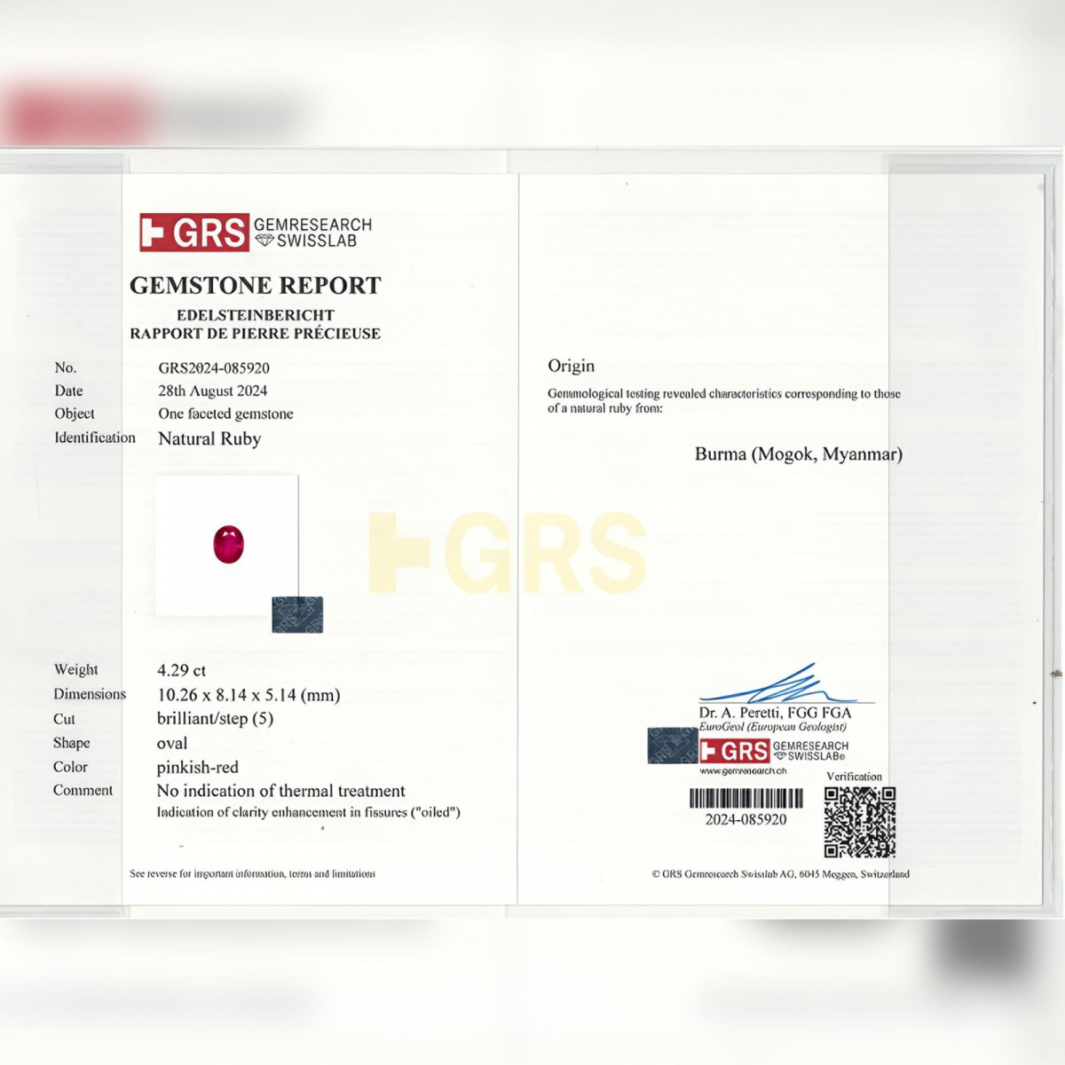 Gemstone Certificate of Ruby