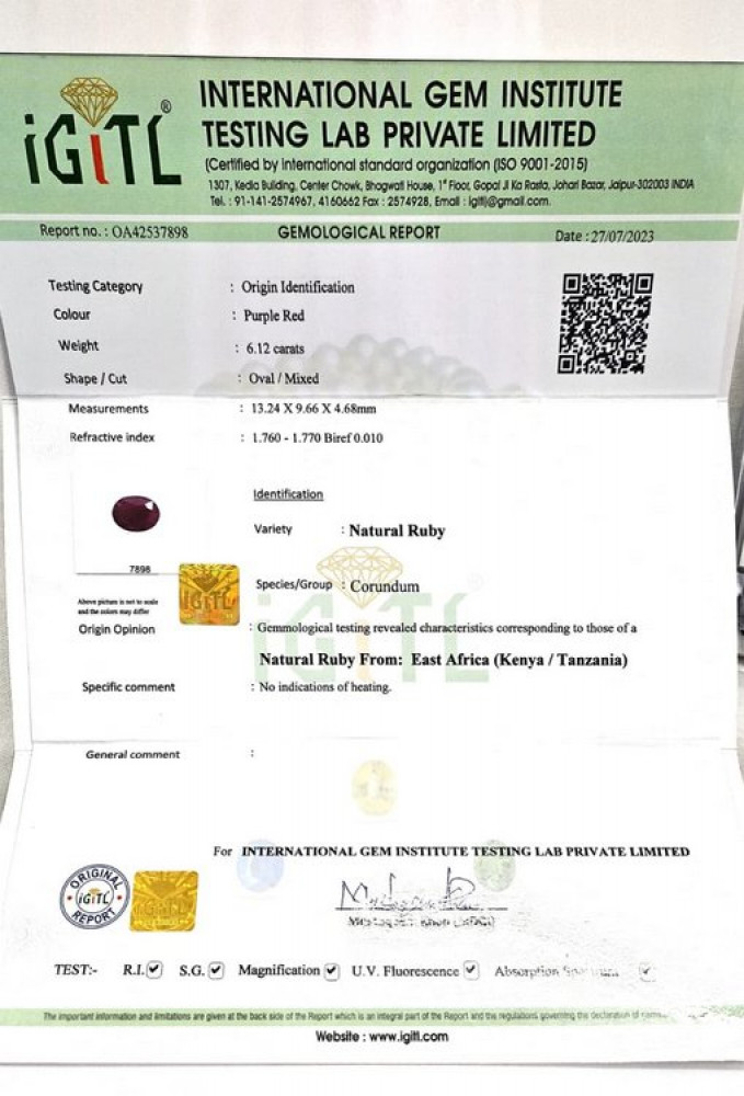 Africa Natural Ruby - 6.12 Carat