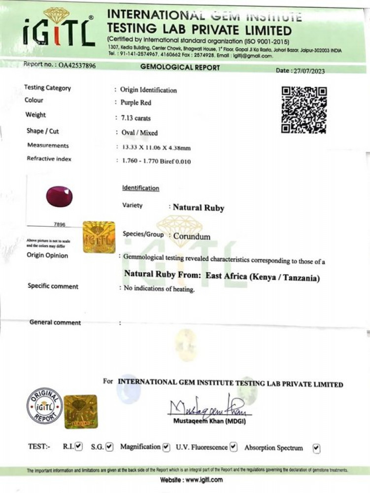 Africa Natural Ruby - 7.13 Carat