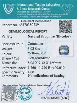 Bi-Colour Sapphire(Pitambari) - 3.02 Carat