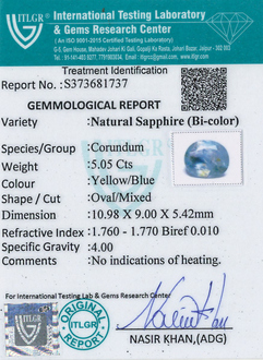 Bi-Colour Sapphire(Pitambari) - 5.05 Carat