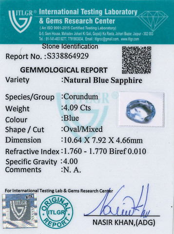 Blue Sapphire - 4.09 Carat