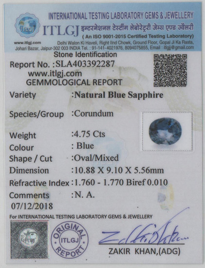 Blue Sapphire - 4.75 Carat