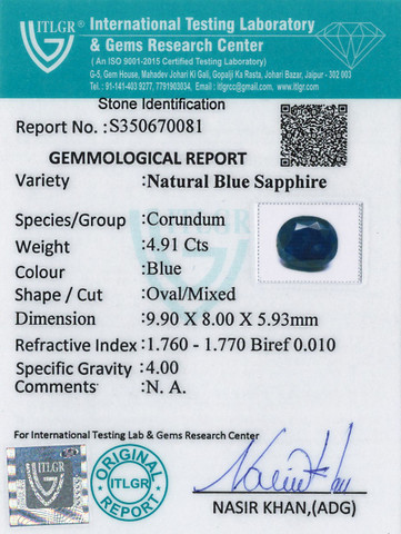 Blue Sapphire - 4.91 Carat