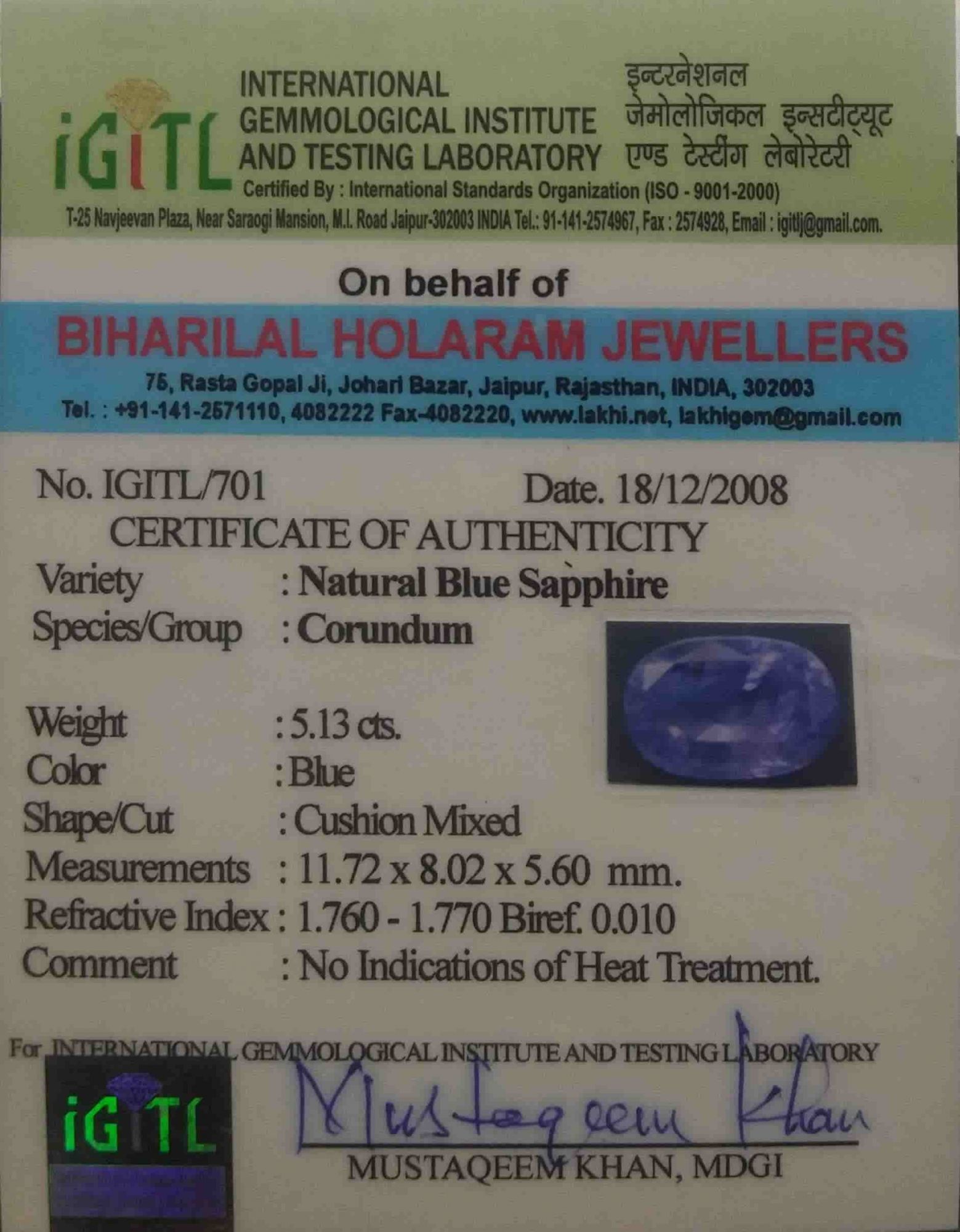 Blue Sapphire - 5.13 Carat