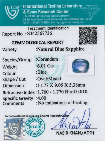 Blue Sapphire - 6.01 Carat