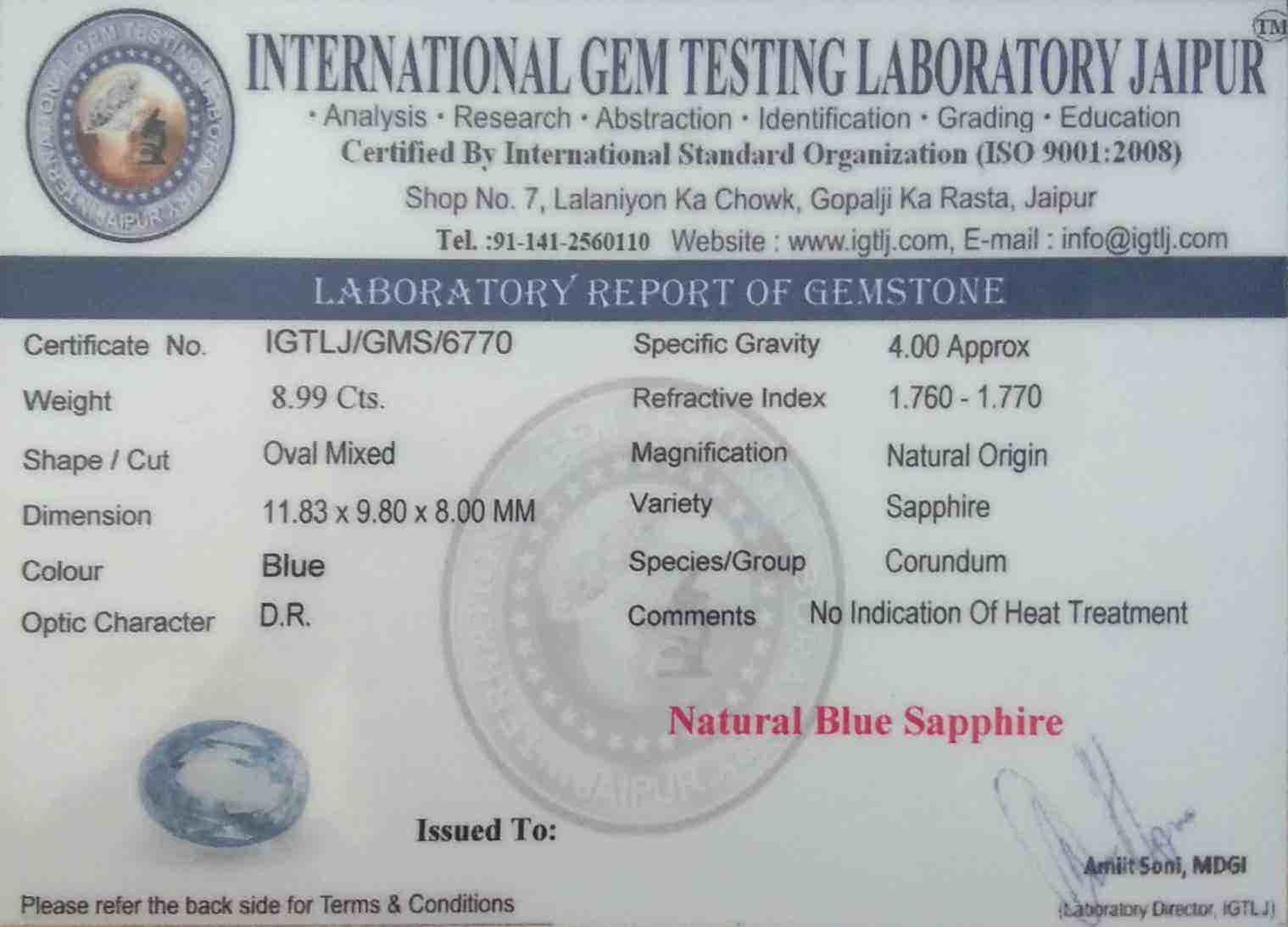 Blue Sapphire - 8.99 Carat