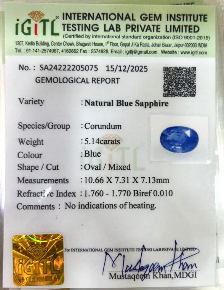 Blue Sapphire (Neelam) - 5.14 Carat